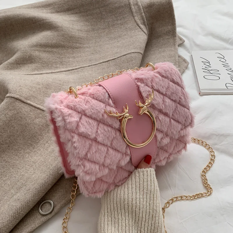 

Winter Soft Plush Crossbody Bag Fashion Designer Fluffy Faux Fur Shoulder Bags Girls Chain Luxury Messenger Bags For Women