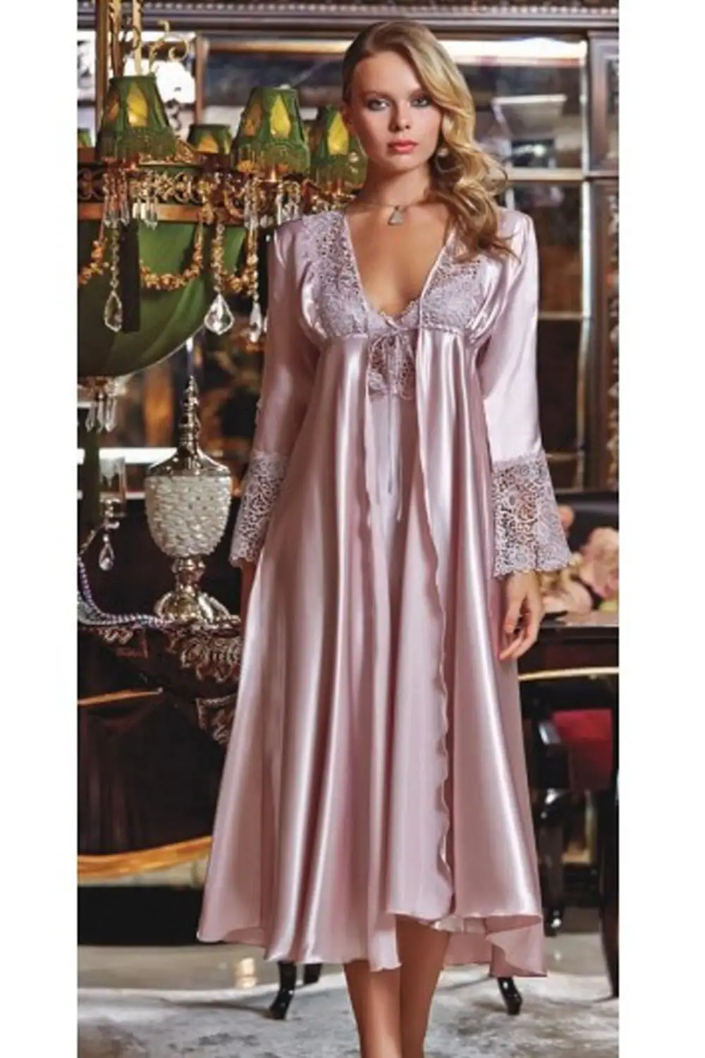 Jeremi Женская шелковая атласная длинная домашняя Удобная ночная рубашка с рюшами 6