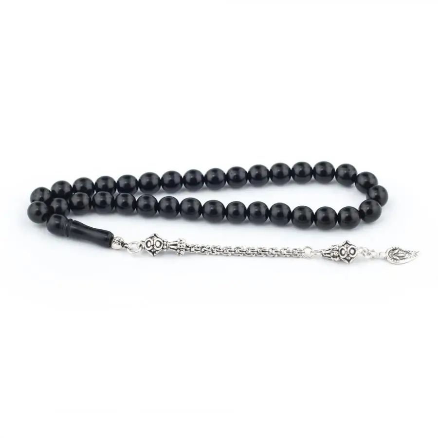 

Black Natural Jet Stone Prayer Bead With Silver Tassel Men Rosary Islamic Tasbih With Leaf Tassel 925 Sterling Silver