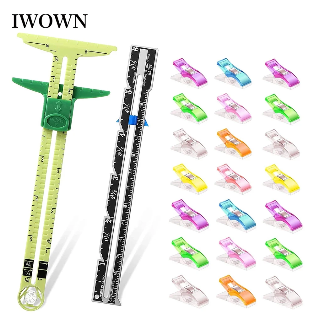 

22Pcs/set 5-in-1 Sliding Gauge Measure Ruler Plastic Clips Fabric Quilting Rulers for Knitting Crafting Wonder Clips Sewing Tool