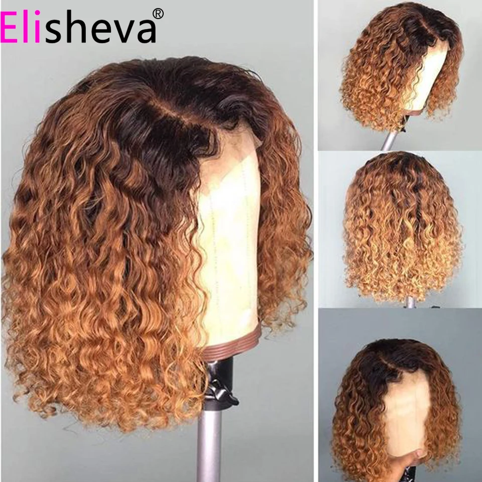 Buy 1B 30 27 99j Curly Bob Wig 13x4 Honey Blonde Lace Front Human Hair Wigs 2 Tone Frontal Brazilian Remy on