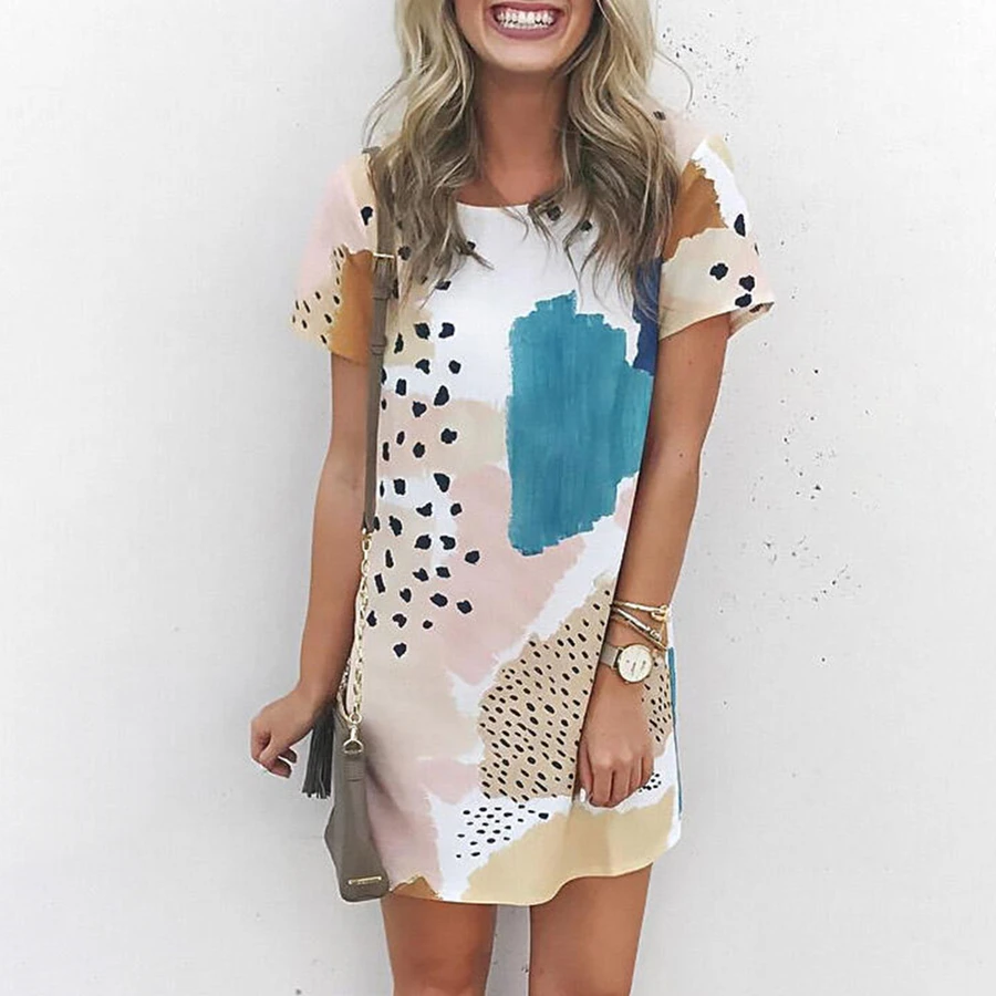 Леопардовое мини-платье женские платья с круглым вырезом и коротким рукавом