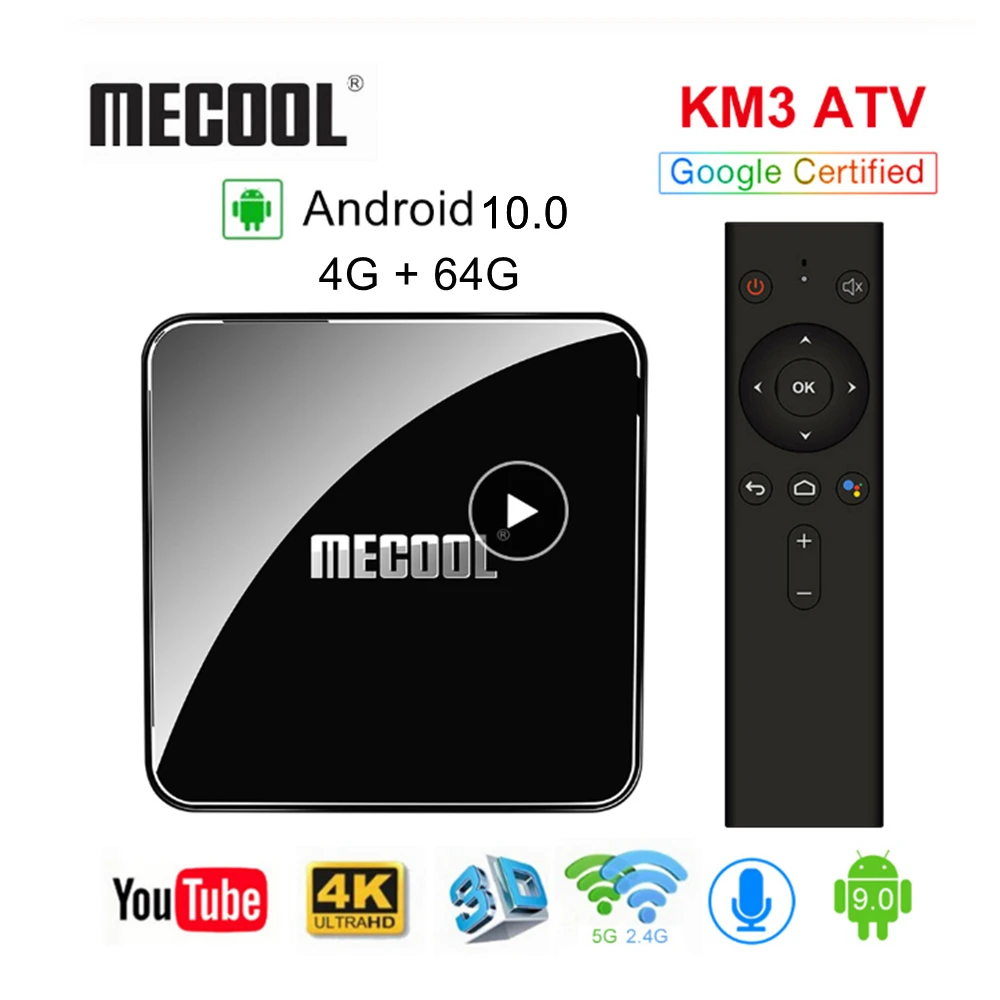

ТВ-приставка Mecool KM3 ATV, Android 9,0, голосовое управление, Google сертификат, 4K HDR, двойной Wi-Fi, умный медиаплеер