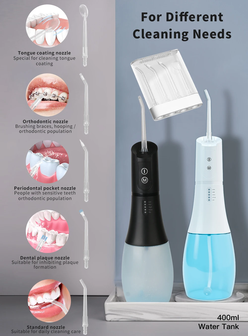 Oral Irrigator USB Rechargeable 5 Modes Water Floss Portable Dental Water Flosser Jet 400ml Irrigator Dental Teeth Cleaner