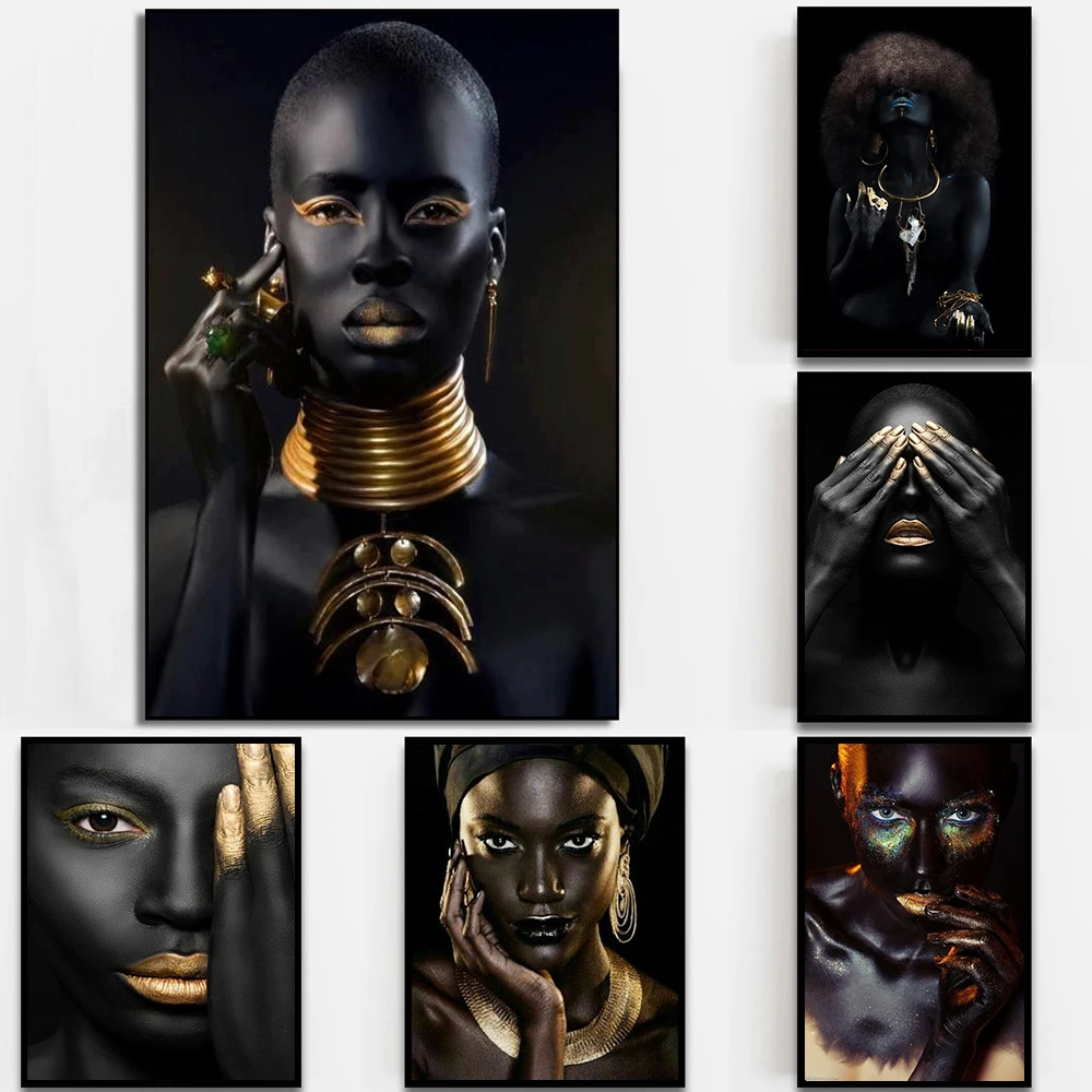 

African Girl Gold and Black Canvas Painting Popularity Posters The Art Of Dressing Pictures Nordic Home Wall Art for Living Room
