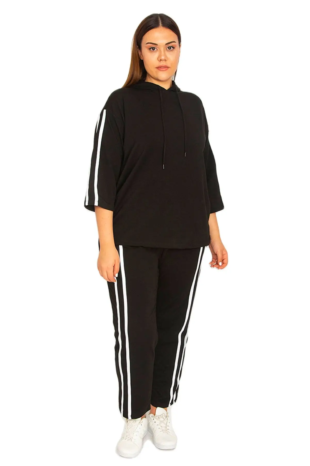 Women’s Plus Size Black Sweatsuit Set 2 Piece Double Striped Detail Zipper Tracksuit, Designed and Made in Turkey, New Arrival
