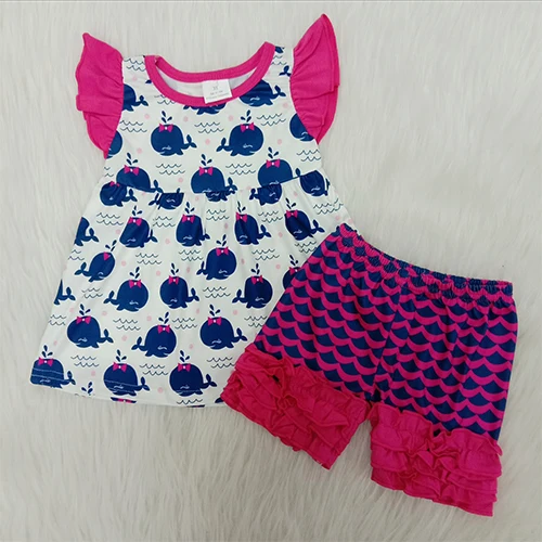 

Girls Clothes Set Summer Toddler Kid Baby Girl Ruffles Whale Printed DressTops And Ruffle Shorts 2Pcs Sets Kid Clothing Outfits