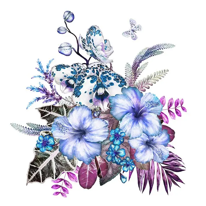 Штора Орхидея букет из гибискуса цветов листья бабочки и почки экзотическая