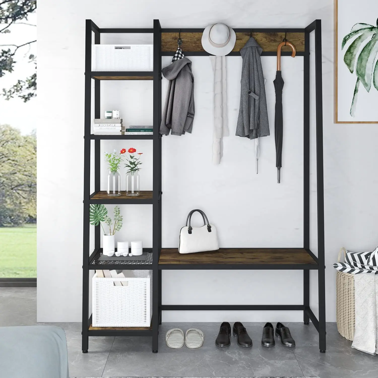 

Coat Rack Clothes Rack Drying Clothes Rack Floor Standing Clothes Hanging Storage with Removable Hooks & 5-Tier Storage Shelves