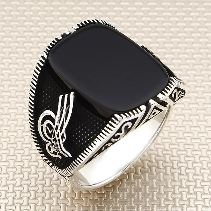 

Vintage Oxidized Rectangle Black Onyx Stone Men Silver Ring With Ottoman Tugra Motif Made in Turkey Solid 925 Sterling Silver