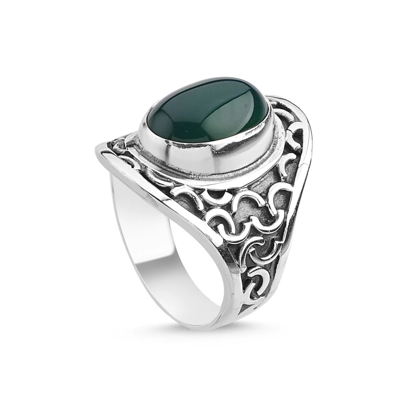 

Silver 925 Sterling Green Agate Stone Handwork Ring