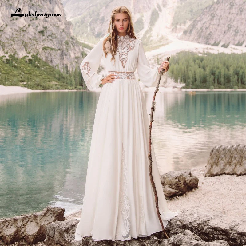 

Elegant Chiffon Floor Length Sweep Train Wedding Dresses Puffy Sleeve O Neck A Line Lace Appliques Bridal Gown