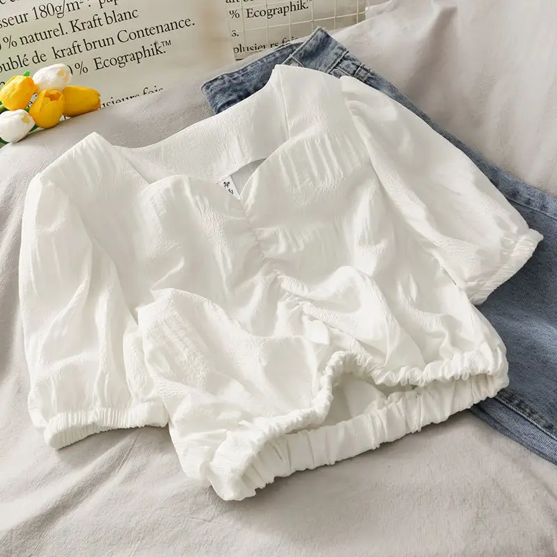 

New style folds short waist Korean style lantern sleeve women's casual short-sleeved shirt