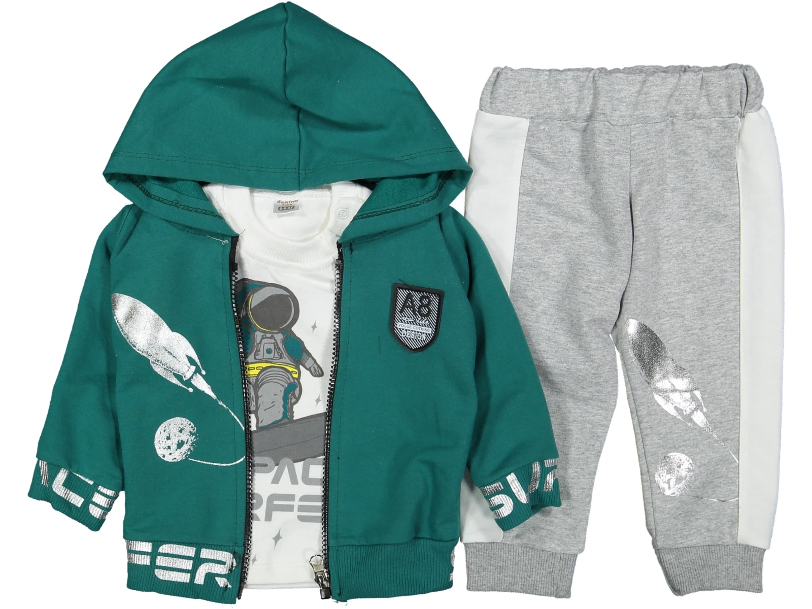 

Donino 2 Rope Space Printed 100% Cotton Zippered Hooded Elastic Green-Gray 3-piece Set Baby