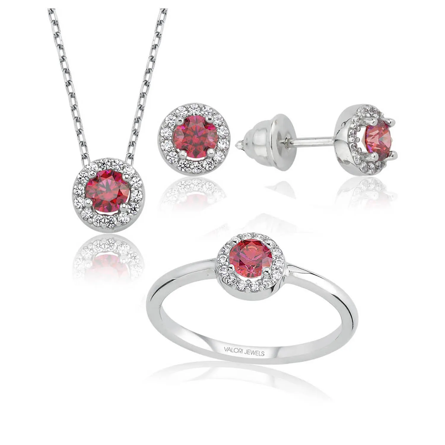 

Valori Jewels 1 Carat, Zirconia Red And White Round Gemstone, Rhodium Plated, Sterling Silver Trio Set