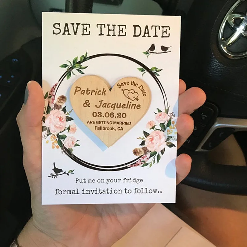 Сердце сохранить дату магнит с картами деревенский круглый свадебные деревянные