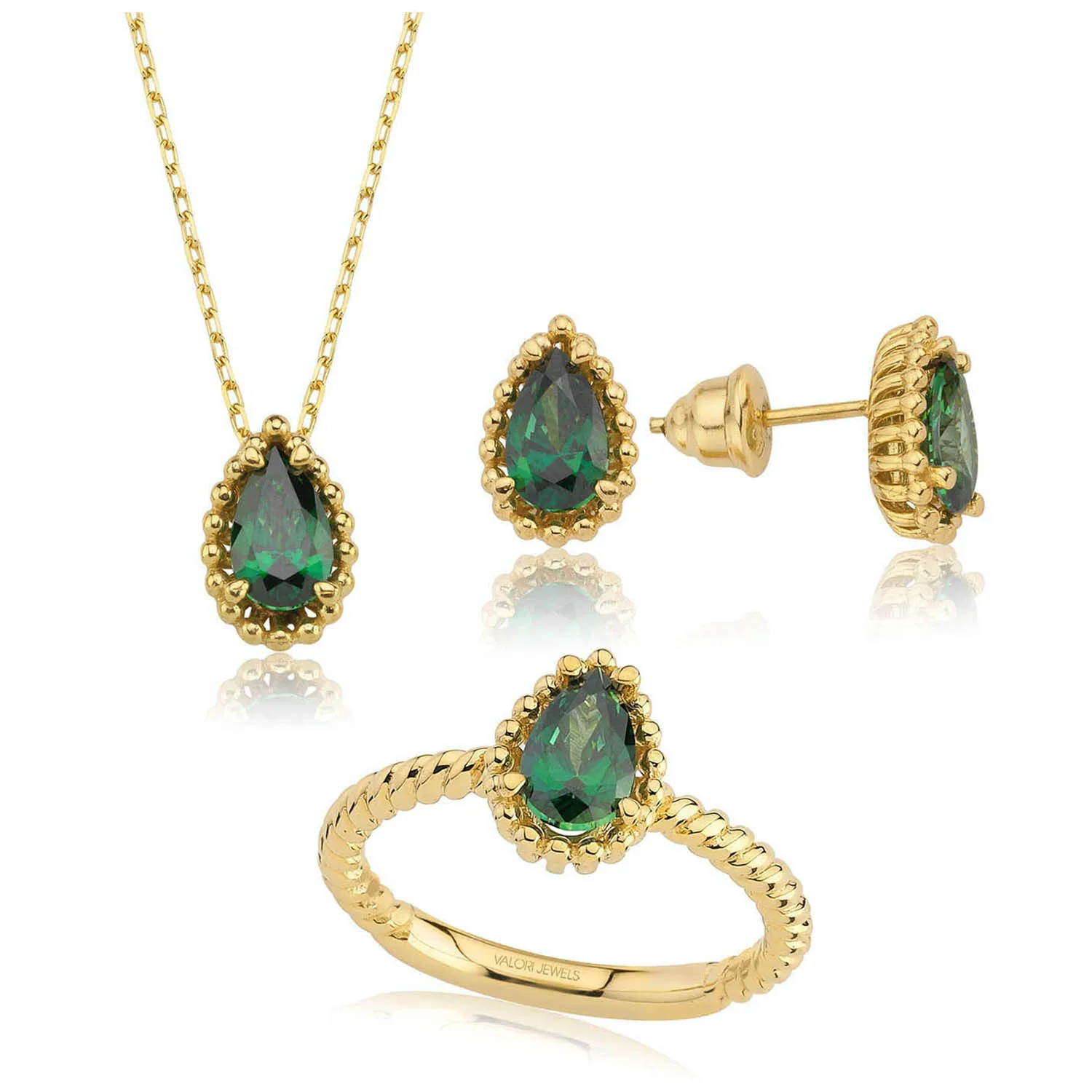 

Valori Jewels 3 Carat, Zirconia Green Pear Gemstone, Gold Plated, Sterling Silver Trio Set