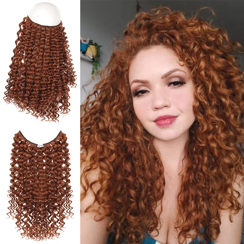 TaLang Synthetic Invisible Secret Fishing Line Wig Kinky Curly Clip In Hair Extension For Women Natural Brown Synthetic Long Hai