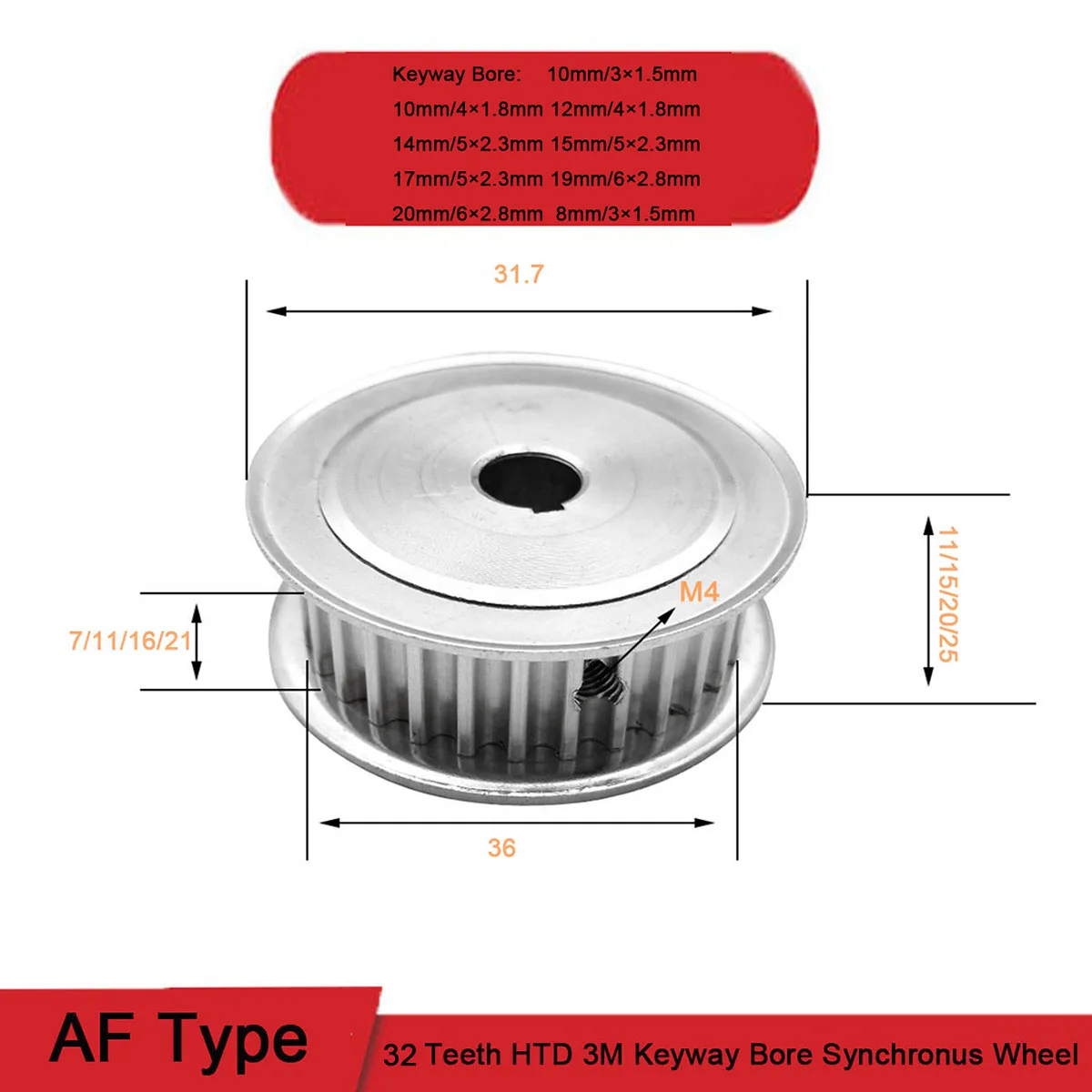 

32 Teeth HTD 3M Timing Pulley 8mm~20mm Keyway Bore Aluminum Alloy Synchronous Timing Belt Pulleys Teeth Width 7/11/16/21mm