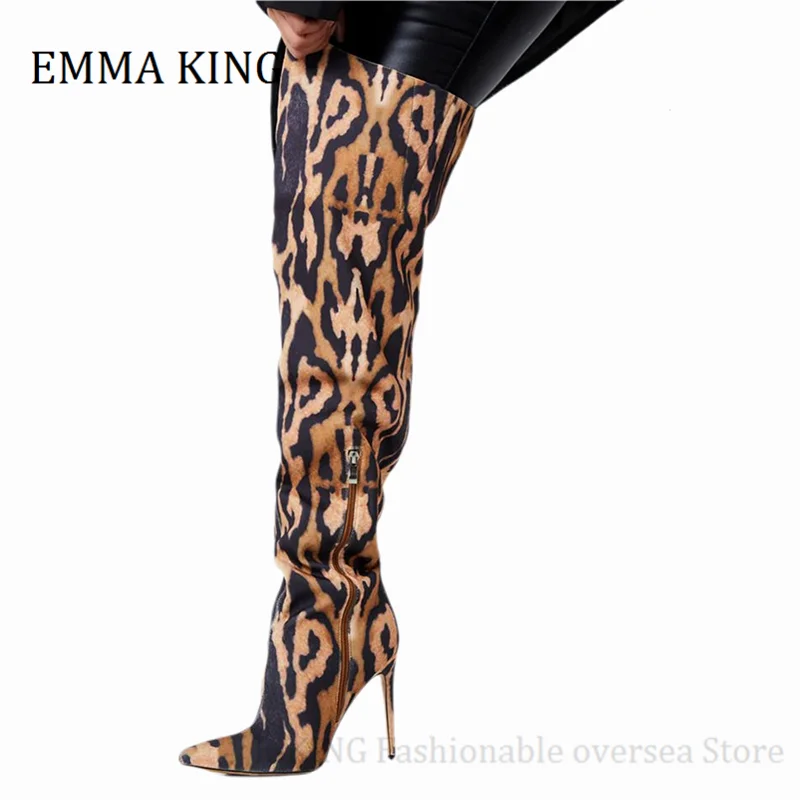 Женские ботфорты с леопардовым принтом привлекательные высокие сапоги на