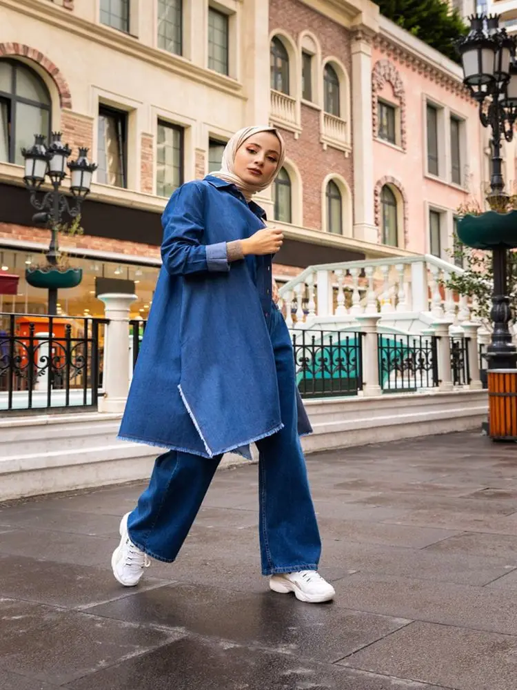 

Natural Fabric Oversized Buttoned Denim Tunic Cotton Fabric Blue Jean Women Tops 2021 Autumn Winter Muslim Fashion Hijab Outfits