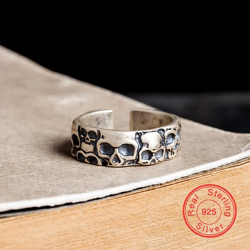 New 100% 925 Sterling Silver Skull Gothic Punk Rings For Men Women Mortorcycle Biker Party Vintage Adjustable Fine Jewelry Gift