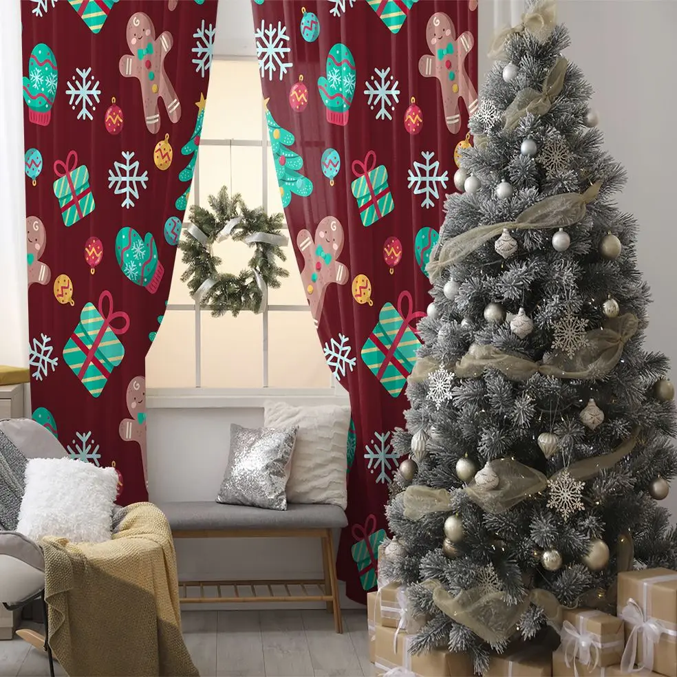 

Curtain Gifts, Trees, Snowflakes, Cookies, Balls Christmas Celebration Theme Artwork Brown Green Red Yellow