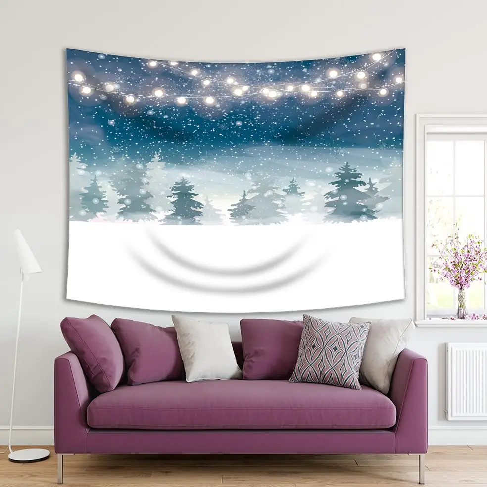 

Tapestry Winter Christmas Woodland Landscape with Falling Snow Snowflakes Coniferous Forest Navy Blue White Night Scene