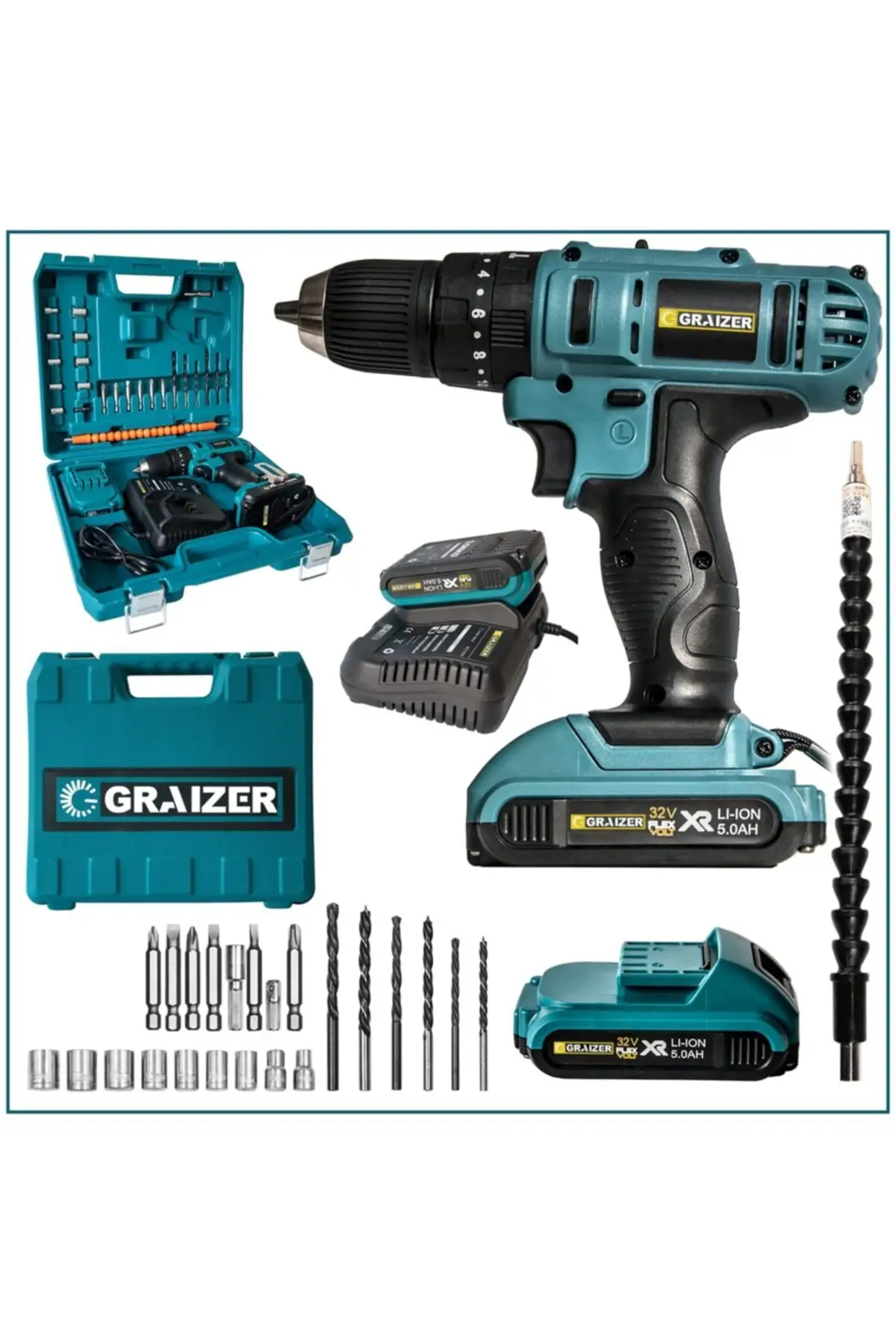 

Graizer 32 V 5 Ah Impact Double Gear Cordless Cordless Screwdriver + 24 Piece Set Electrical Screwdriver Drill Machine