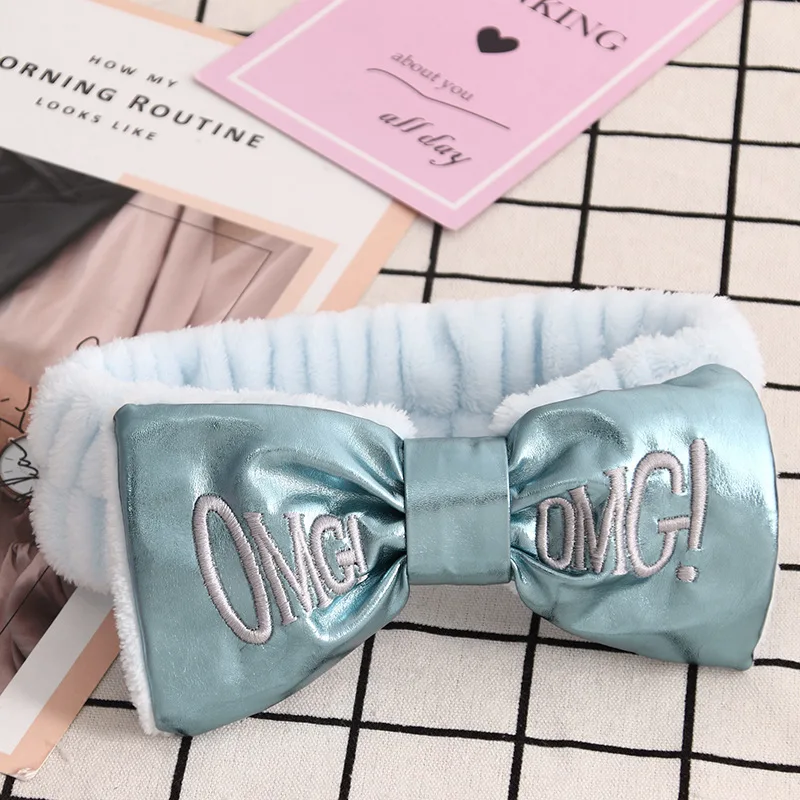 PU Blue Levao OMG повязка на голову с вышитыми буквами фланелевая повязка на голову с бантом банданы из искусственной кожи с надписью OMG повязка на голову тюрбан для женщин головной убор - Цвет: PU Blue