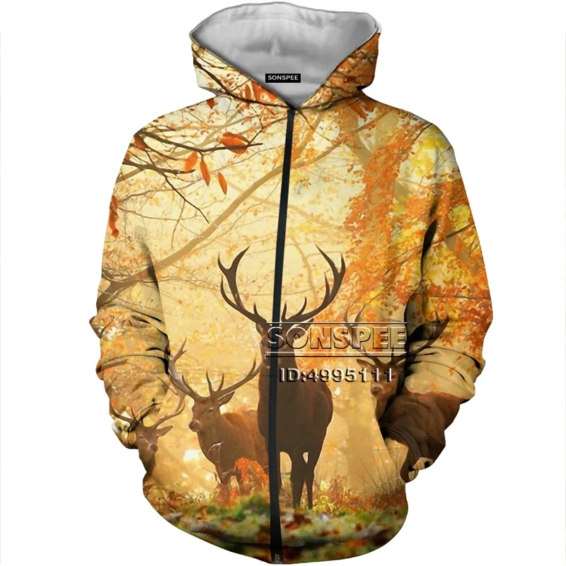 Мужская Осенняя толстовка на молнии с капюшоном милым оленем лесом закатом 3D