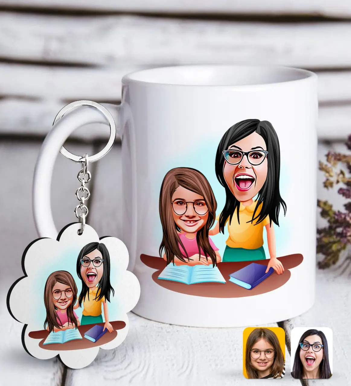 

Personalized Mother Girl Caricature Of White mug And Keychain Gift Seti-1