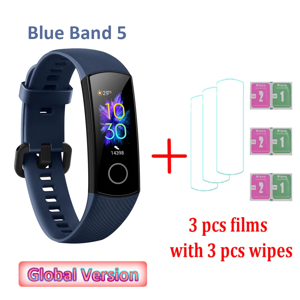 Blue with 3 films Global Versio huawei Honor Band 5 4, умный Браслет, умный браслет, шагомер, сенсорный экран, для плавания, сердечного ритма, сна, монитор - Цвет: Blue with 3 films