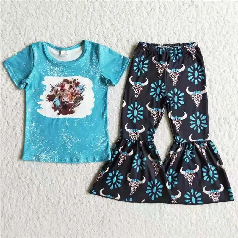 

2021 Summer Kids Girl No Moq Popular Fashion Blue short sleeves with bell bottoms kids 2 Piece O-utfits Clothing