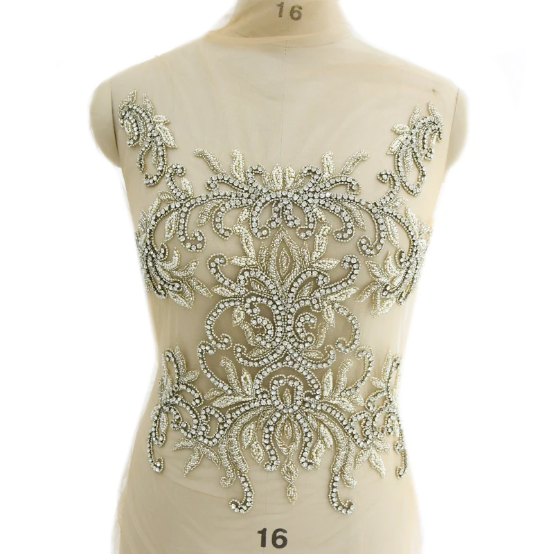 Ручная аппликация расшитая бисером и стразами для свадебного платья WDP 012|beaded