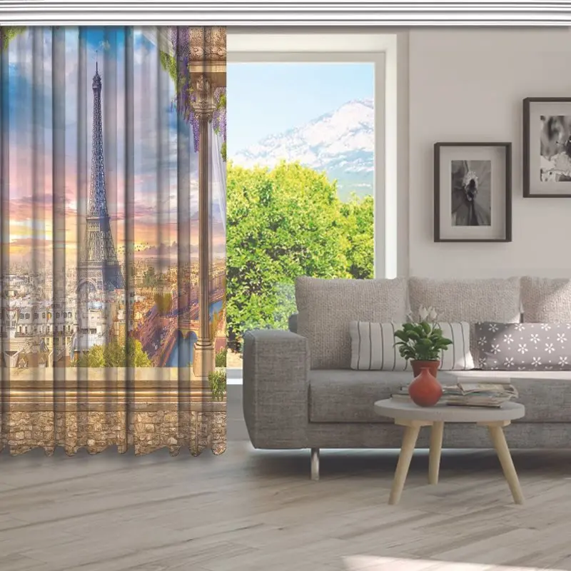 Занавеска с панорамным видом на Эйфелеву башню восхода солнца террасы цветастое