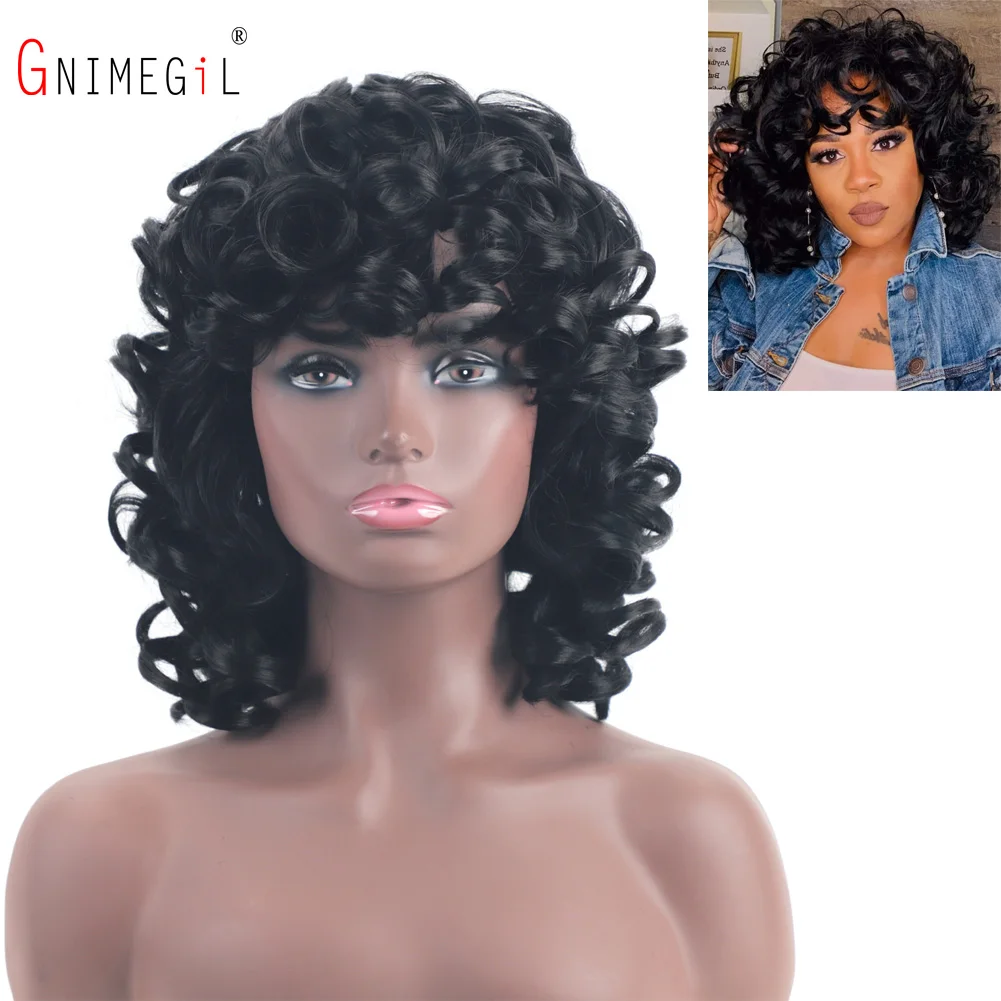 

GNIMEGIL Short Brown Afro Curly Synthetic Hair Wig With Bangs For Black Women Loose Fluffy Shoulder Length Natural Wig Highlight