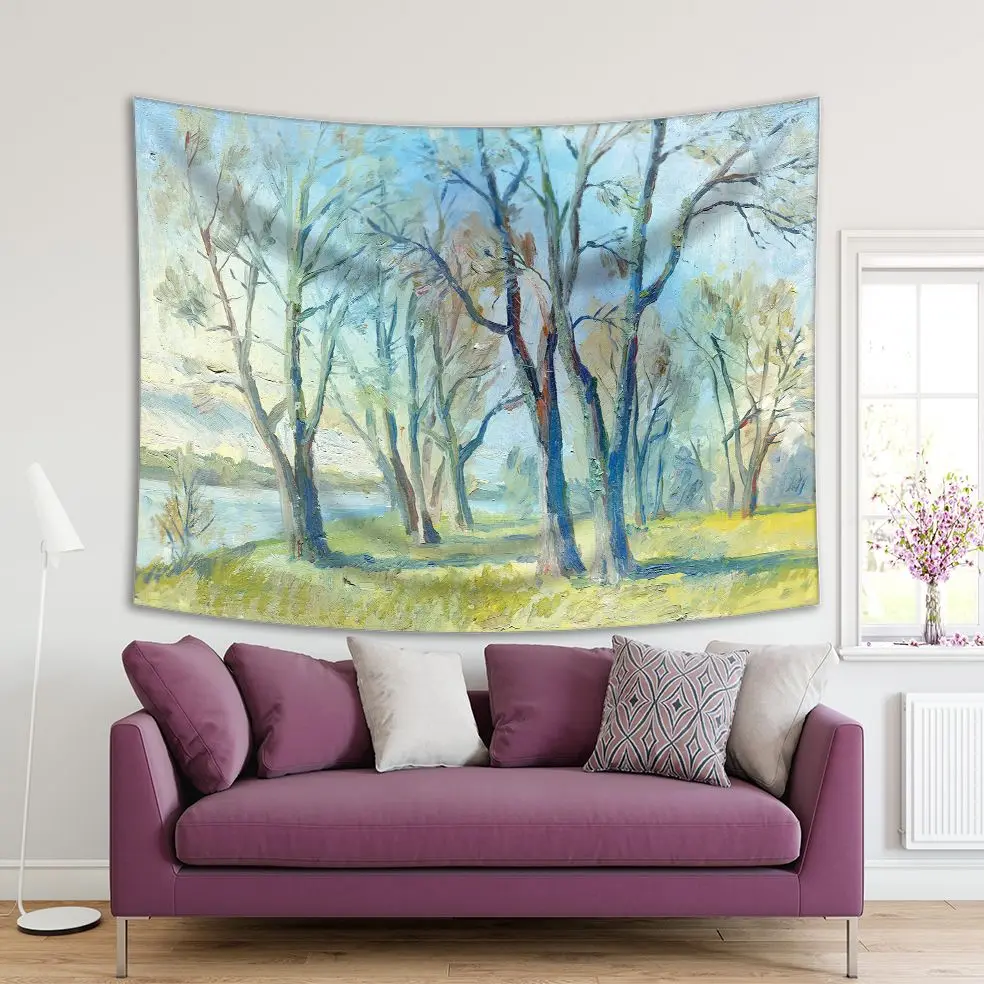 

Tapestry River by Trees Springtime Seasonal Landscape Nature Scenery Oil Painting Artwork Printed Blue Yellow