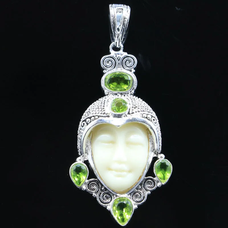 

53x24mm SheCrown Unique Big Size Goddes White Face Peridot Aquamarine Fine Jewelry Silver Pendant Eye Catching
