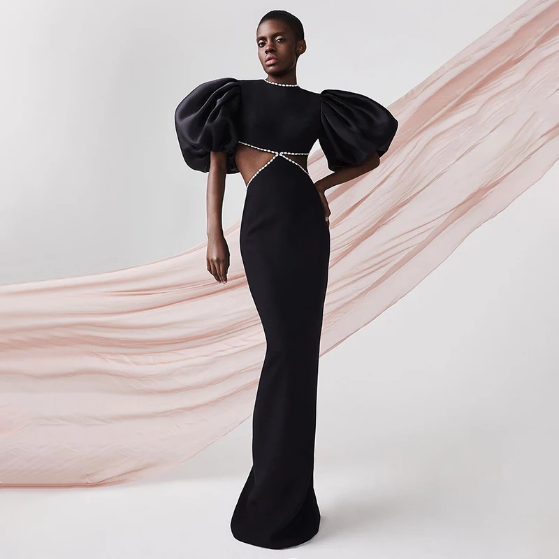 

High Quality Black Short Sleeve Floor-length Backless Round Neck Temperament Fool Dress Elegant Diamonds Hollow Out Evening Par