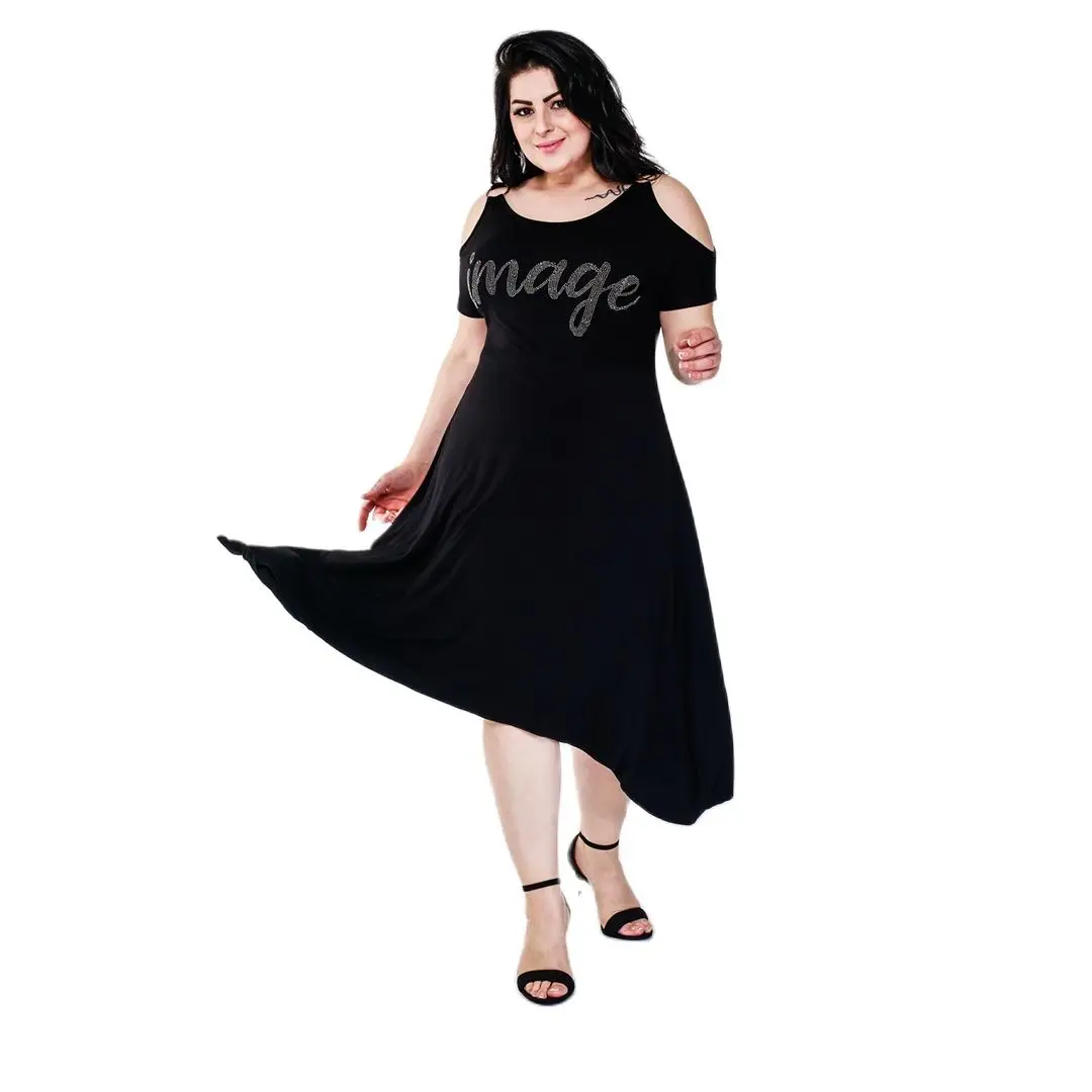 

Women’s Plus Size Off Shoulder Ring And Diomand Detail Asymmetric Black Dress, Designed and Made in Turkey, New Arrival