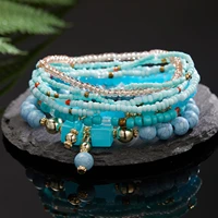 8 pcsset elastic crystal rice beads bracelet for women geometric natural stone multi layer bracelets set bohemian jewelry gift