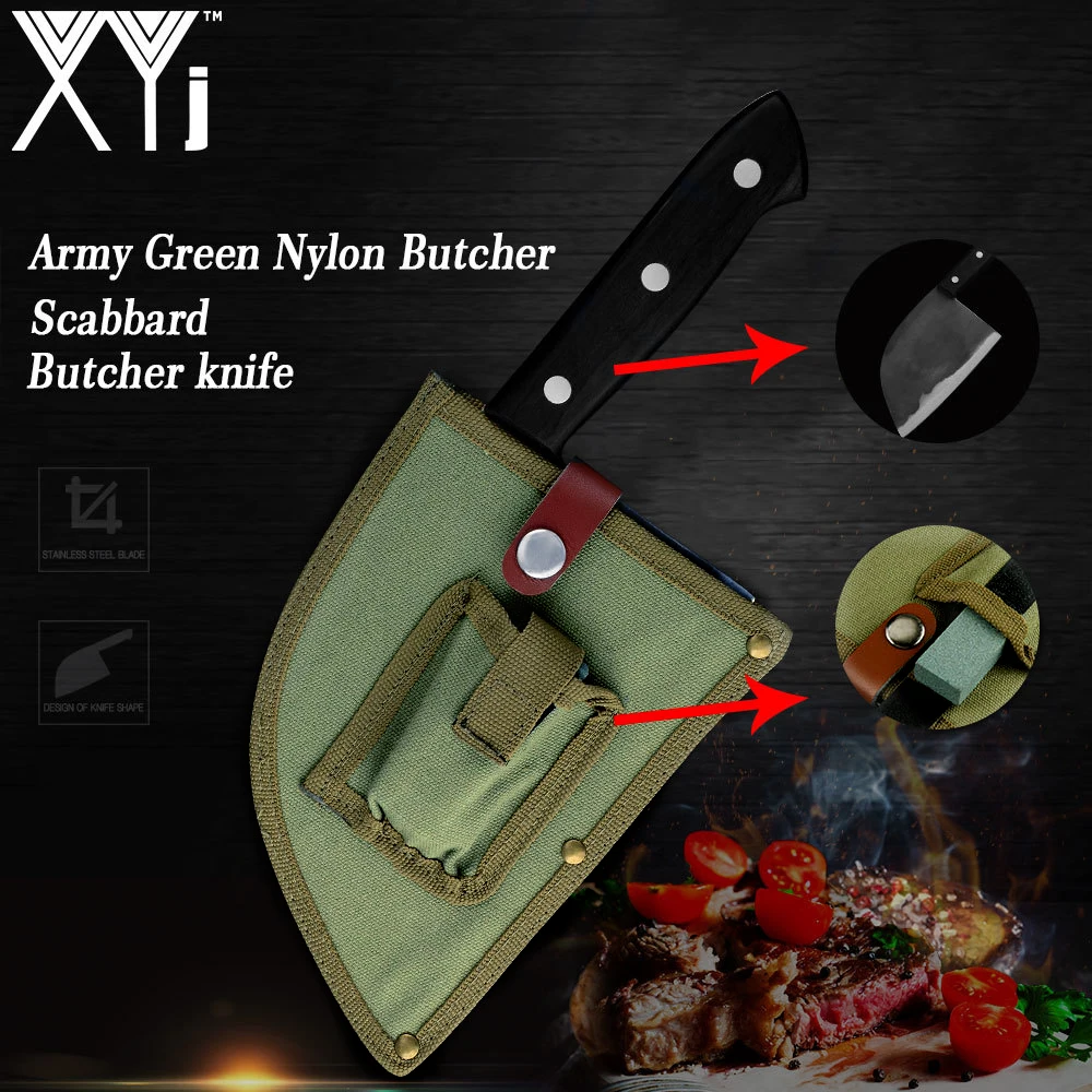 

XYj High Carbon Steel Chinese Cleaver Handmade Chopping Butcher Knife With Army Green Nylon Sheath & 7mm Sharpener Whetstone