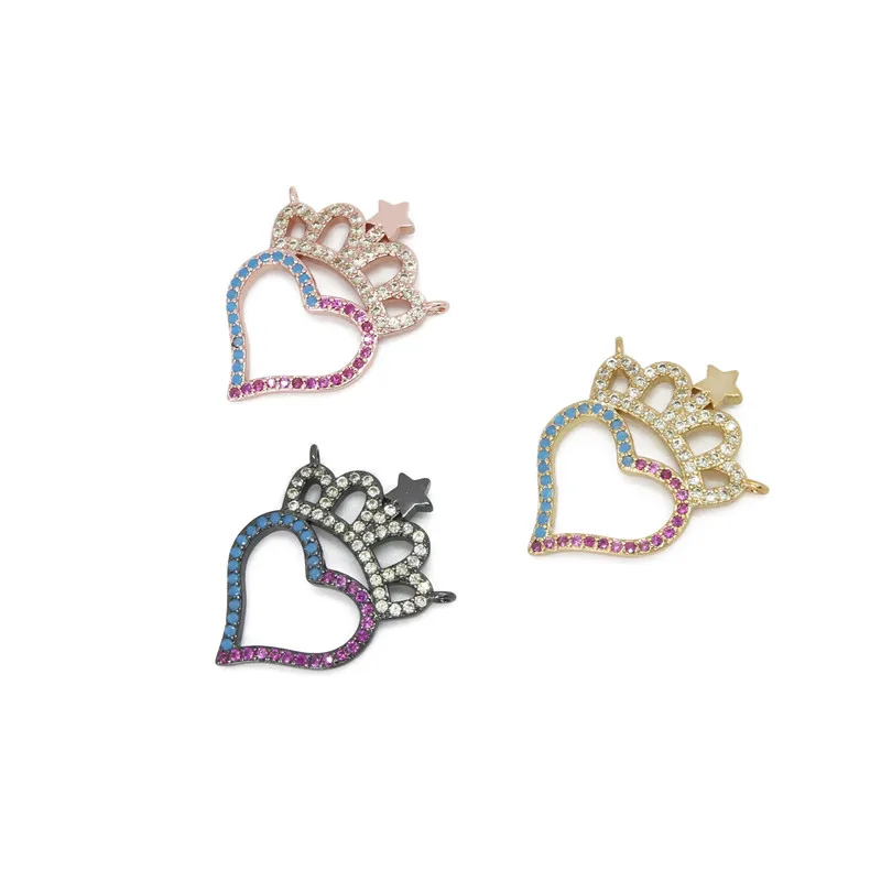 

Brass Copper Alloy Micro Pave Zirconia Connector Charms Links Heart Crown 28x22mm Accessories For Making Necklace