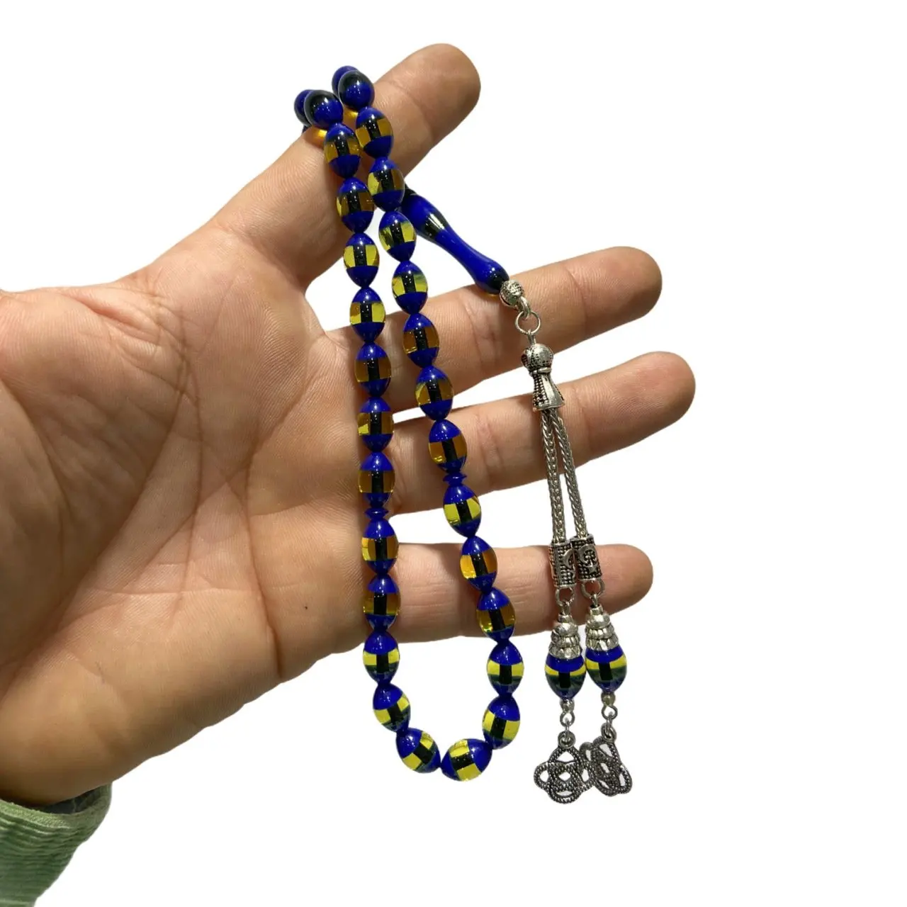 

Yellow Navy Blue Barley Cut Powder Amber Metal Tassel Rosary Prayer Beads