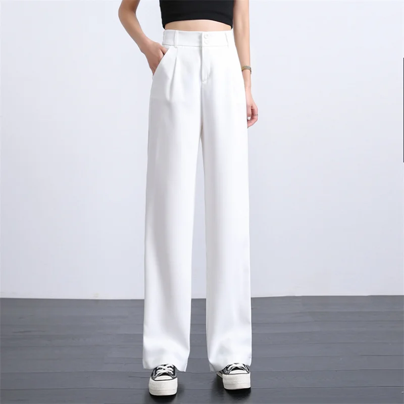 

Spring style high waist fork suit pants women fork casual pants loose show thin straight tube wide leg pants dragging long pants