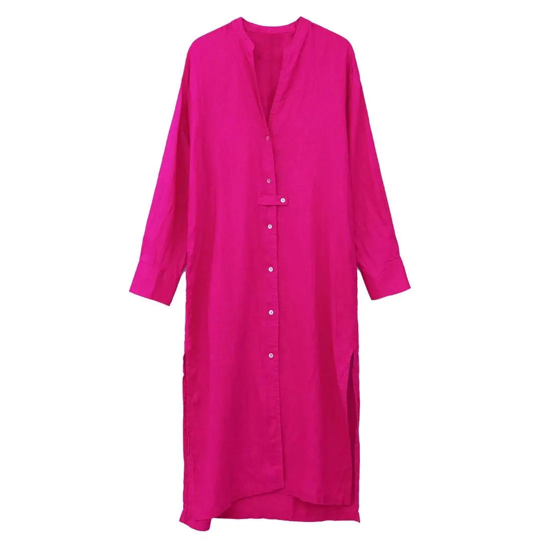 

2022 New Long Shirt Style Dress Women Spring Summer Long Sleeves Vintage Linen Textured Midi Dress Chic Lady Female Robe