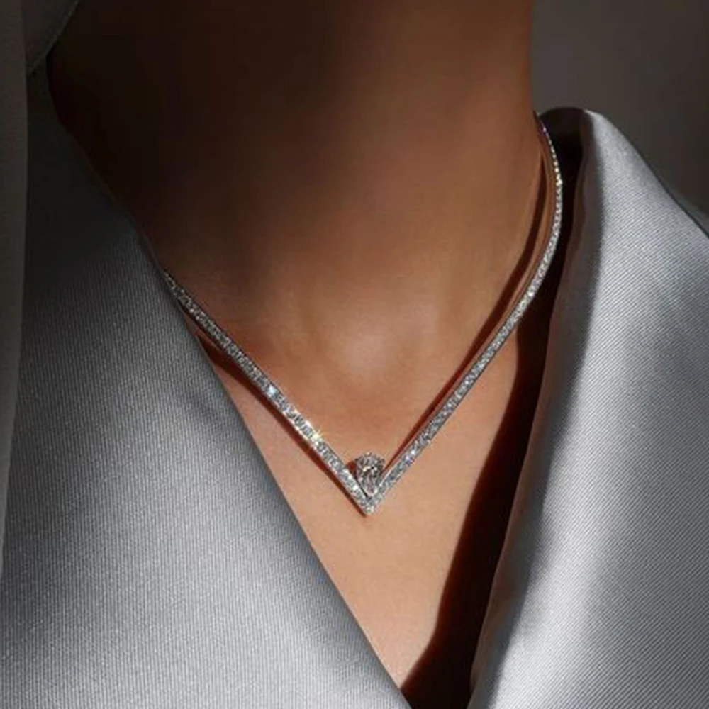 

Stonefans V Shape Rhinestone Neckalce Choker Wedding for Women Statement Zircon Water Drop Tennis Chain Necklace Party Jewelry