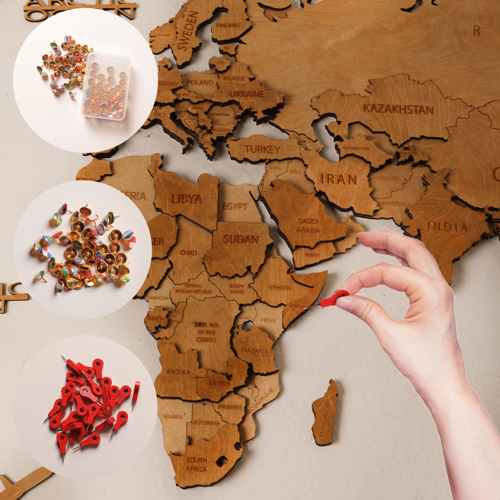 Mapa del mundo de madera, decoraci&oacute;n de pared, regalo de aniversario para marido, mapa r&uacute;stico de madera para pared, mapa de pasadores de empuje de viaje, arte de pared de madera, Boyfri-0