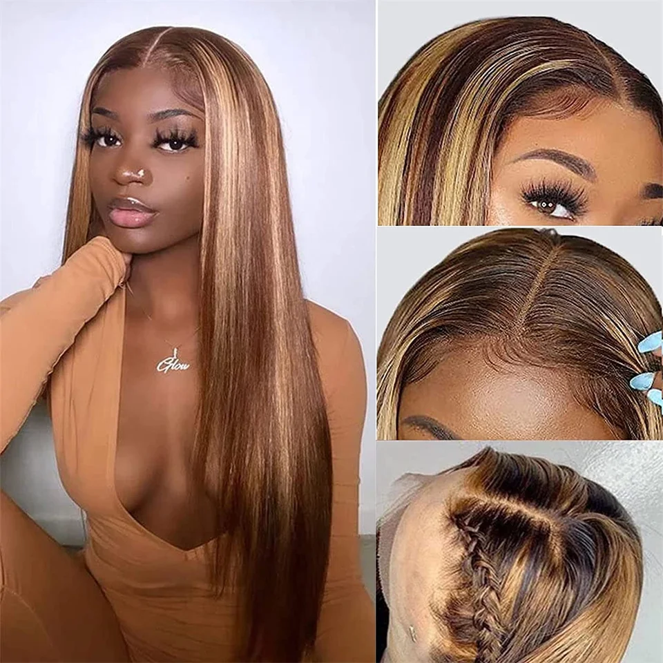 Highlight 4/27 Ombre Lace Front Human Hair Wig Straight Honey Blonde Lace Frontal Wig Brazilian Hair Pre Plucked 28 inch